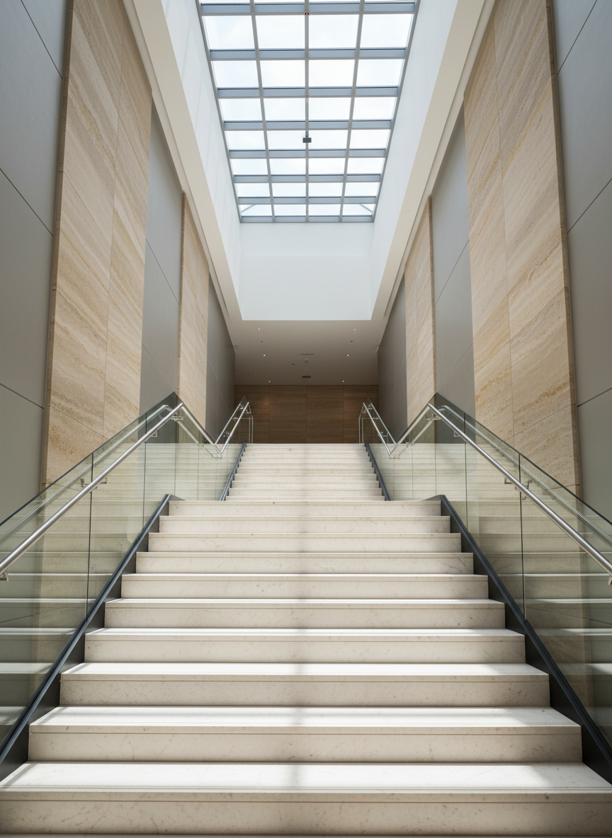 A pristine marble staircase with wide, seamless steps of creamy white stone extending into a sunlit contemporary atrium. The staircase is bordered by sleek glass railings and brushed aluminum handrails, surrounded by neutral-toned walls and decorative natural stone accents. Ample daylight streams overhead from a skylight, casting gentle highlights across the marble and creating a play of light and shadow on each step. The composition utilizes leading lines to draw the viewer’s eye up the staircase, with a harmonious balance and structured layout. Captured in photographic realism from a low-angle perspective to emphasize grandeur and material texture, this image delivers a clean, professional, and inspiring corporate interior environment, ideal for demonstrating advanced architectural applications.