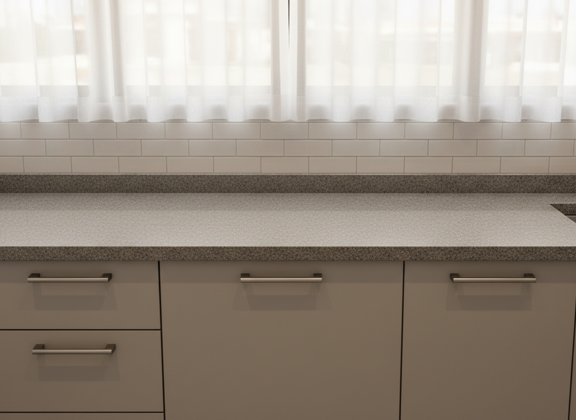 An elegant granite countertop in a refined kitchen setting, featuring a medium grey Brazilian granite with fine speckles and a polished, reflective surface. The countertop is integrated into minimalist cabinetry with matte light taupe finishes and brushed stainless steel hardware. In the background, a backsplash of subtle, pale neutral tiles and a window with soft daylight filtering through sheer curtains create a calm, inviting glow. The mood is serene and sophisticated, perfect for showcasing completed stonework. The shot is composed from a slightly elevated angle, perfectly centering the countertop and offering sharp clarity with a gentle bokeh effect in the background. The aesthetic is clean, modern, and structured, reinforcing the business’s focus on quality and professionalism in finished projects.