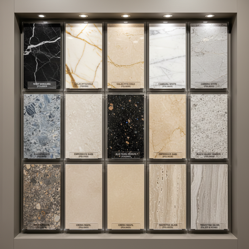 A high-resolution close-up of a slab sample selection display, featuring organized sections of different marbles and granites with clear, readable nameplates. Each stone sample highlights its unique veining, color variation, and polished finish, ranging from deep blacks to soft beige tones. The structured display is set against a backdrop of spotless, matte neutral shelving in a tastefully designed showroom space. Bright, even artificial lighting ensures each sample’s details and textures are vividly rendered, with crisp focus and subtle, balanced shadows. The composition uses a centered and symmetric layout, contributing to a clean, professional atmosphere. This photographic image supports the site’s technical content and gallery function, emphasizing product diversity and expertise in stone selection.